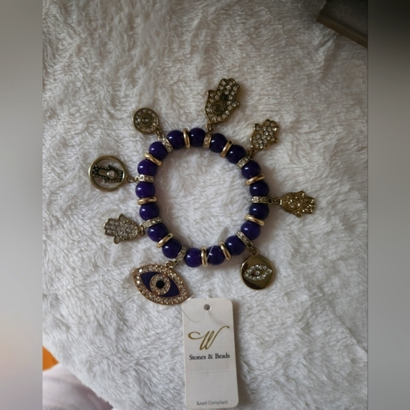 Hamsa Khamsa Fatima Eye Stretch Bling Charm Bracelet Purple Gold NWT - Picture 3 of 15